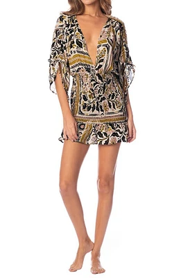 Maaji Tapestry of Leaves Viola Smocked Waist Cover-Up Minidress Black at Nordstrom,