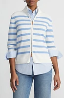 Lafayette 148 New York Stripe Cotton & Silk Zip Cardigan Deep Blue Oasis Multi at Nordstrom,