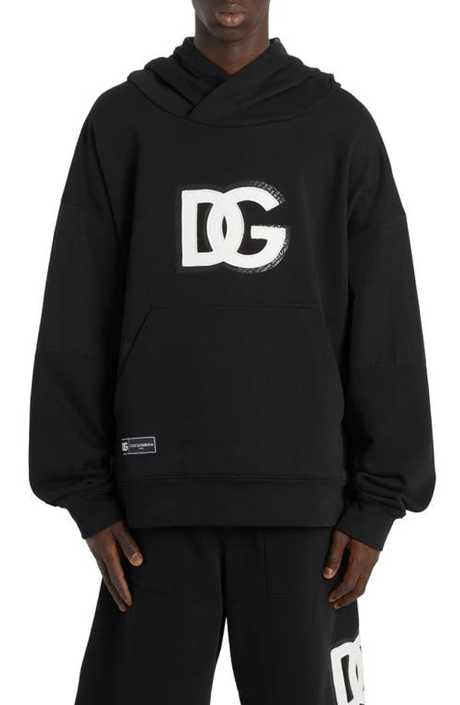 Dolce & Gabbana DG Embroidered Logo Cotton Blend Jersey Hoodie Nero at Nordstrom,