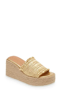 Ganni Smocked Espadrille Platform Wedge Slide Sandal Gold at Nordstrom,