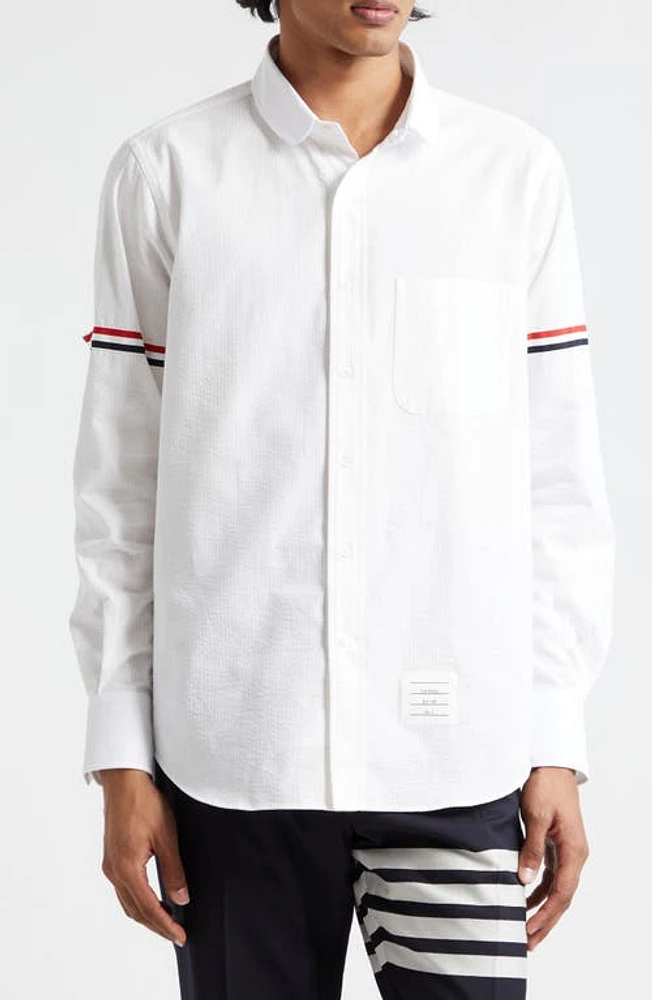 Thom Browne Straight Fit Stripe Trim Cotton Seersucker Button-Up Shirt White at Nordstrom,