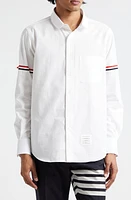 Thom Browne Straight Fit Stripe Trim Cotton Seersucker Button-Up Shirt White at Nordstrom,