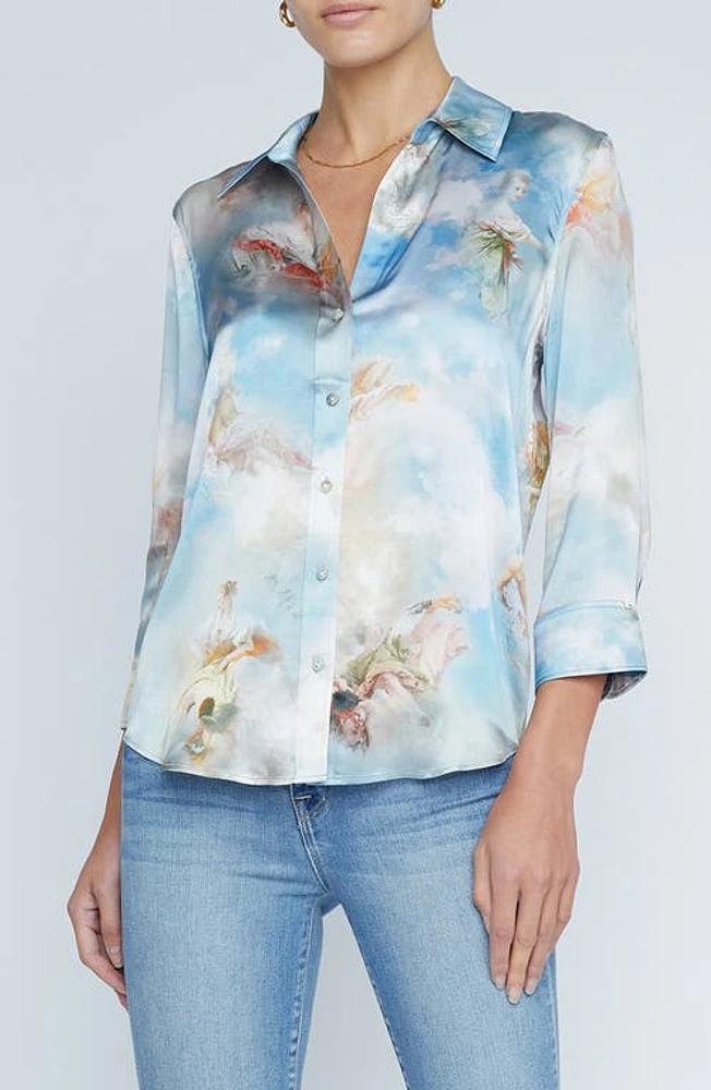 L'AGENCE Dani Art Print Silk Button-Up Shirt in Light Blue Multi at Nordstrom, Size Xx-Small