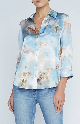 L'AGENCE Dani Art Print Silk Button-Up Shirt in Light Blue Multi at Nordstrom, Size Xx-Small