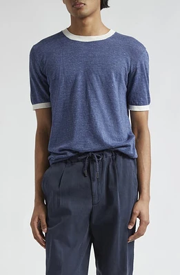 Thom Sweeney Contrast Rib Trim Linen & Cotton Sweater Denim White at Nordstrom,