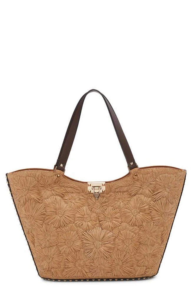 Valentino Garavani Rockstud Garden Embroidered Raffia Tote in Y5T Tabacco/Cacao at Nordstrom