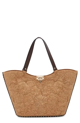 Valentino Garavani Rockstud Garden Embroidered Raffia Tote in Y5T Tabacco/Cacao at Nordstrom