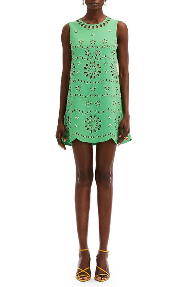 Oscar de la Renta Crystal Embellished Eyelet Embroidered Virgin Wool Blend Shift Dress Cactus at Nordstrom,