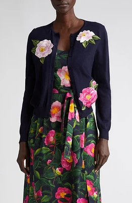 Oscar de la Renta Camellia Embroidered Virgin Wool Cardigan Pink/Navy at Nordstrom,