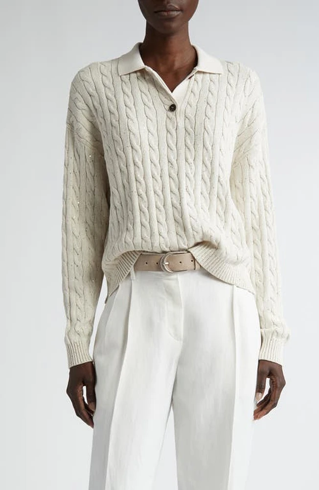 Brunello Cucinelli Sequin Cable Knit Polo Sweater Oat at Nordstrom,