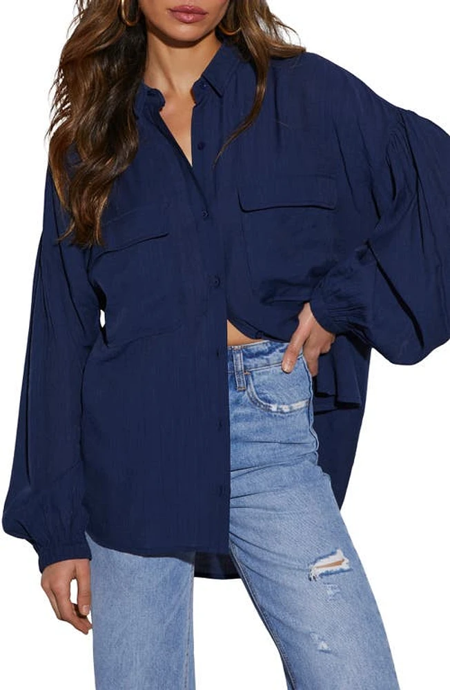 VICI Collection Elowen Balloon Sleeve Button-Up Shirt Navy at Nordstrom,