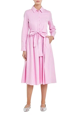 English Factory Stripe Long Sleeve Tie Belt Midi Shirtdress Pink at Nordstrom,