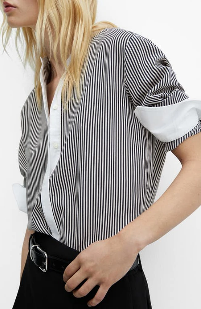 MANGO Stripe Contrast Button-Up Shirt Ecru at Nordstrom,