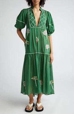 FARM Rio Embroidered Trees Puff Sleeve Organic Cotton Midi Dress Green at Nordstrom,