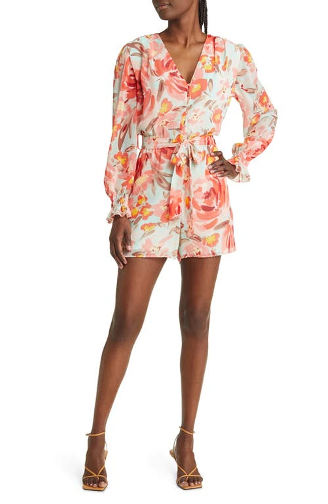 Fraiche by J Sarah Floral Long Sleeve Tie Waist Romper at Nordstrom,