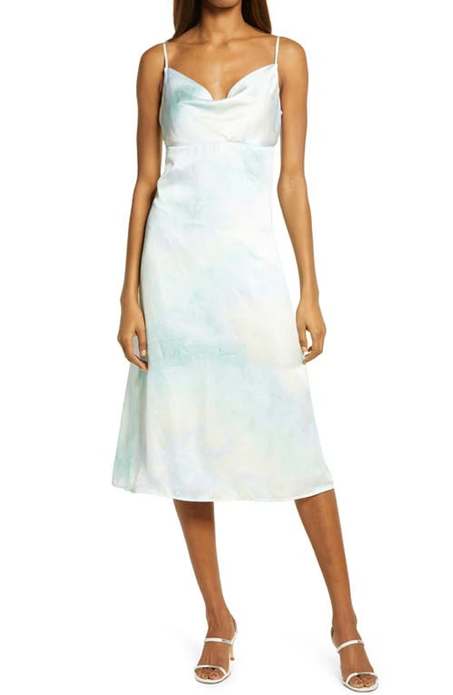 Lulus Tranquil State Tie Dye Satin Midi Dress Blue Multi at Nordstrom,