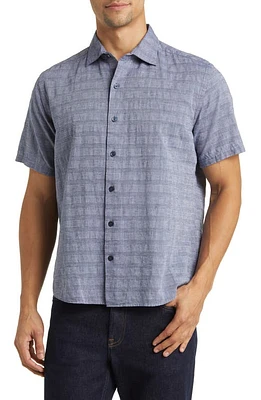 Robert Barakett Tenor Stripe Short Sleeve Cotton & Linen Button-Up Shirt Navy at Nordstrom,