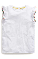 Mini Boden Kids' Pompom Trim Ruffle Sleeve Cotton T-Shirt White at Nordstrom,