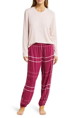 Papinelle Feather Soft Top & Plaid Jogger Pajamas Dark Raspberry/Pink at Nordstrom,