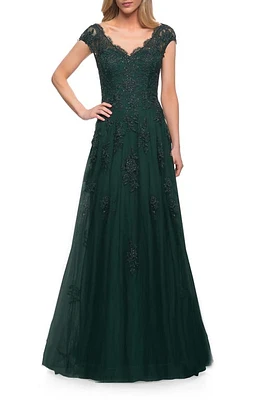 La Femme Embellished Tulle & Lace A-Line Gown Dark Emerald at Nordstrom,