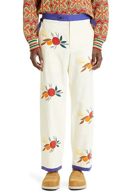 Bode Fruit Bunch Appliqué Cotton & Linen Pants in Ivory White Multi at Nordstrom, Size 30