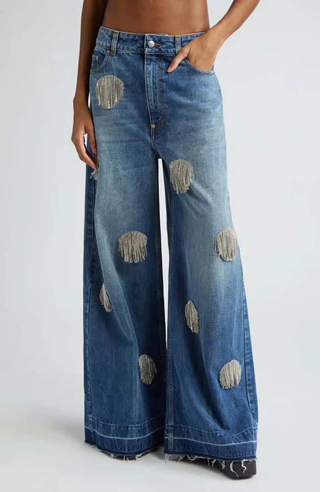 Stella McCartney Crystal Fringe Dot Release Hem Flare Jeans in Mid Blue Vintage at Nordstrom, Size 32