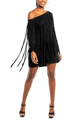 Dai Moda One-Shoulder Long Sleeve Fringe Minidress in Black at Nordstrom, Size X-Large