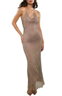 Rare London Diamante Mesh Halter Neck Gown Mocha at Nordstrom,