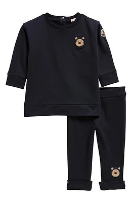 Moncler Kids' Bear Patch Cotton Stretch Fleece Sweatshirt & Joggers Set in Blue Navy at Nordstrom, Size 9-12M