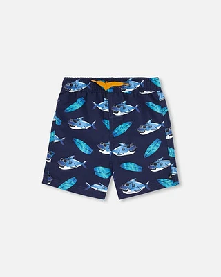 Deux Par Deux Boy's Boardshort Above The Knee Shark Print Navy at Nordstrom