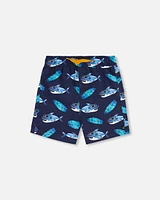 Deux Par Deux Boy's Boardshort Above The Knee Shark Print Navy at Nordstrom