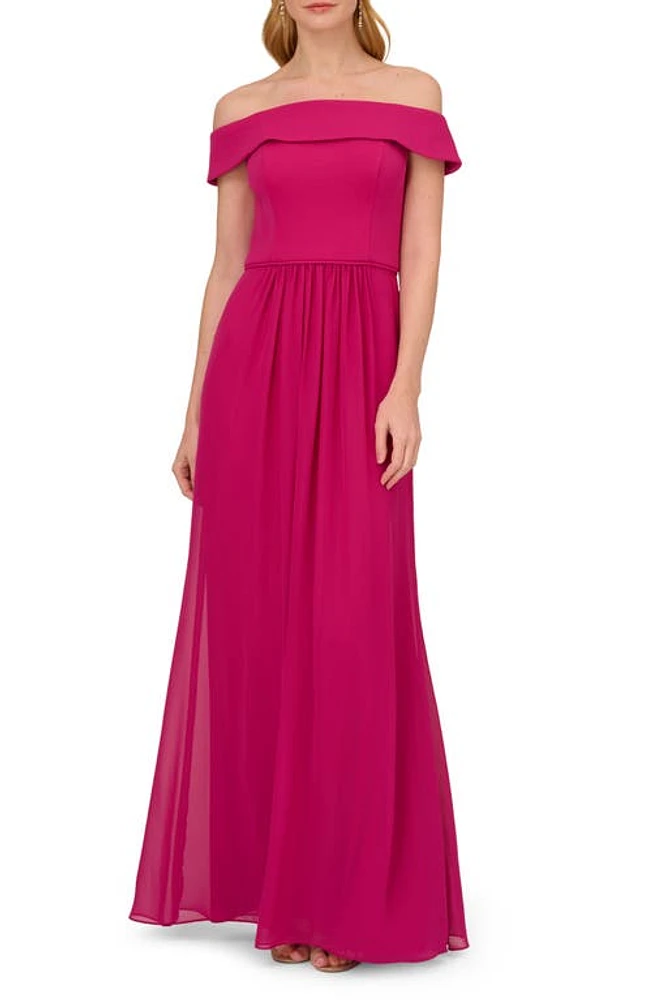 Adrianna Papell Off the Shoulder Crepe Chiffon Gown in Bright Magenta at Nordstrom, Size 8