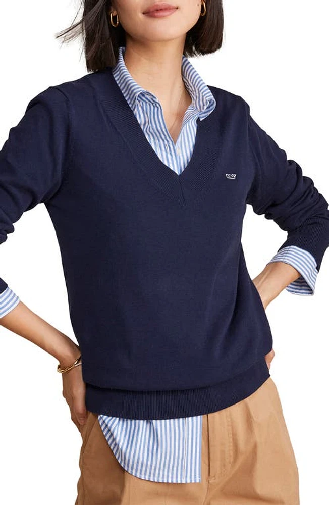 vineyard vines Heritage V-Neck Cotton Sweater in Nautical Navy at Nordstrom, Size X-Small