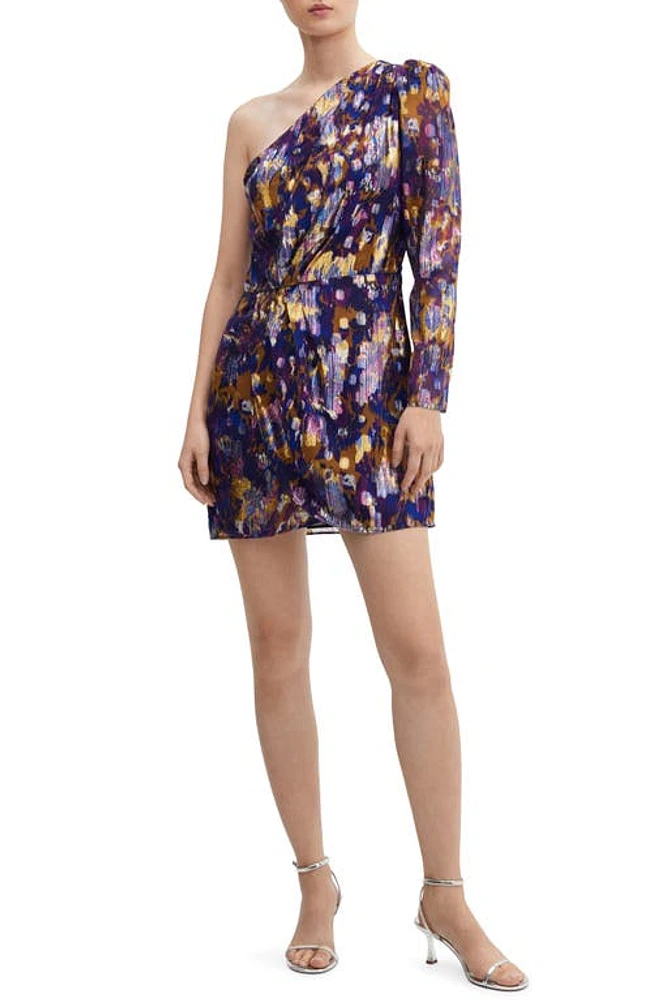 MANGO One-Shoulder Long Sleeve Minidress Medium Purple at Nordstrom,