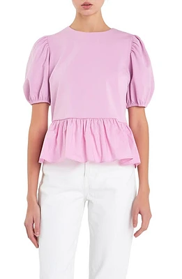 English Factory Mixed Media Puff Sleeve Peplum Top Lavender at Nordstrom,