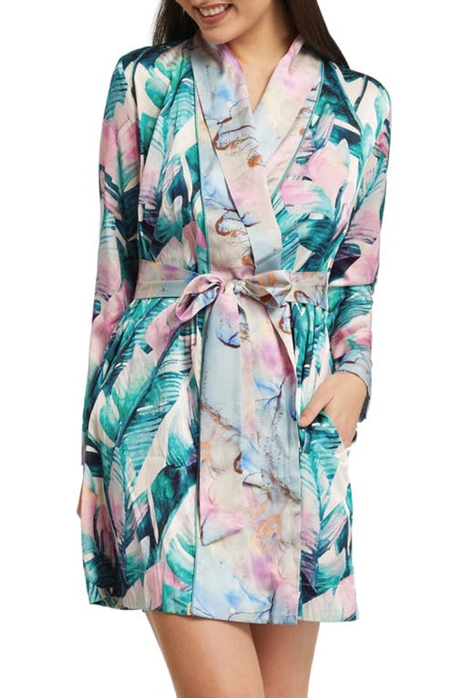 INEJ Beverly Hills Stretch Silk Short Robe Bh Hotel Print at Nordstrom,