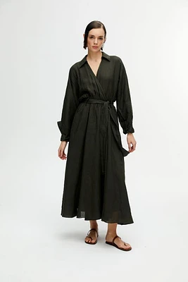 Nocturne Belted Long Dress in Dark Green at Nordstrom