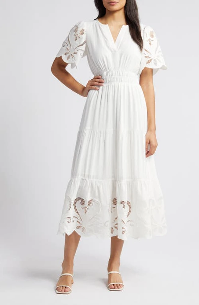 ZOE AND CLAIRE Lace Detail Tiered Midi Dress White at Nordstrom,