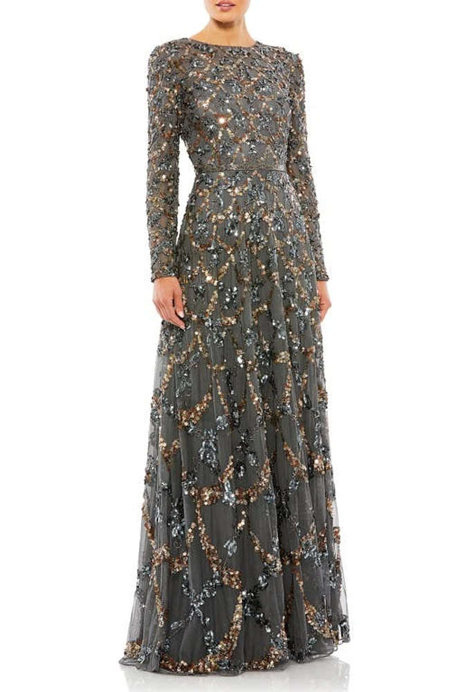 Mac Duggal Beaded Long Sleeve A-Line Gown Charcoal at Nordstrom,