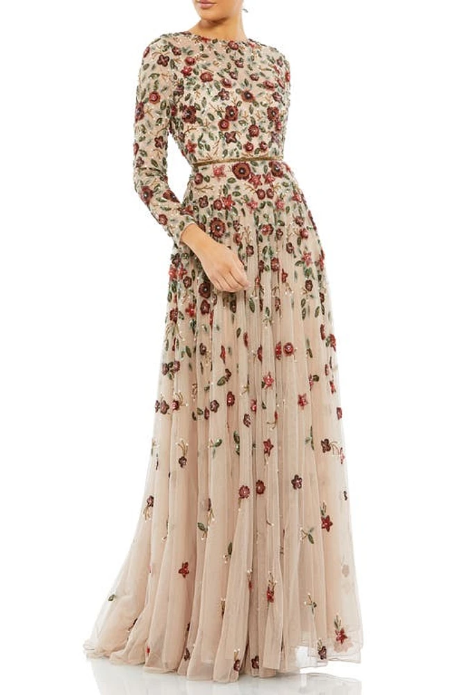 Mac Duggal Floral Sequin Long Sleeve A-Line Gown at Nordstrom,