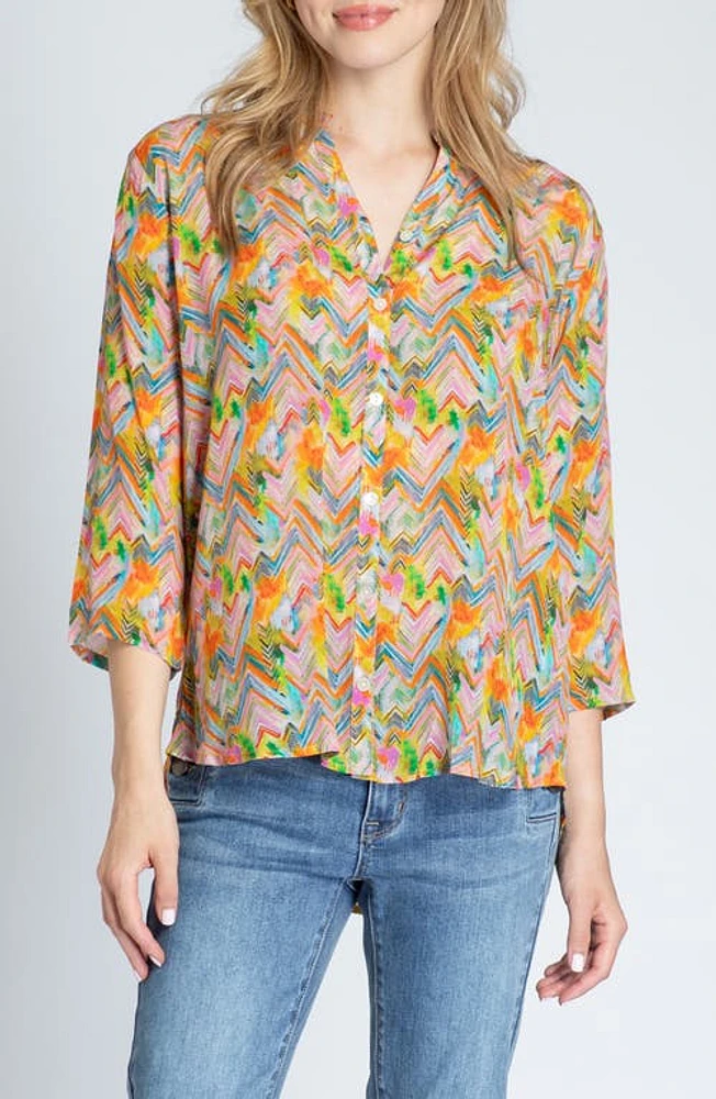 APNY Print Mandarin Collar Chiffon Button-Up Top Orange Multi at Nordstrom