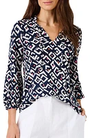 NIC+ZOE Indigo Angles Split Neck Linen Blend Top Multi at Nordstrom