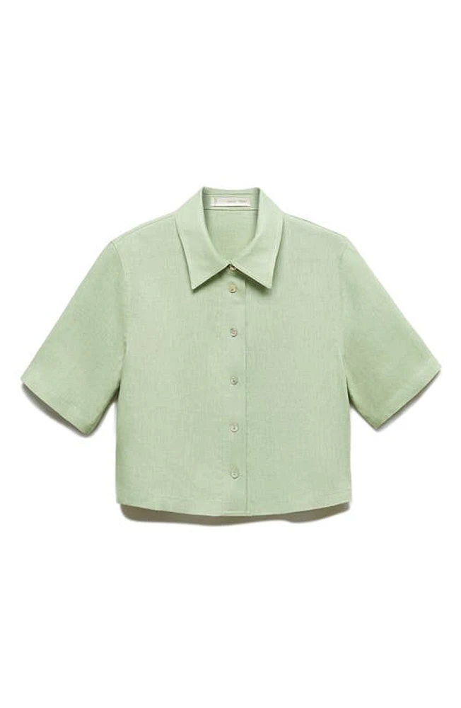 MANGO Short Sleeve Linen Button-Up Shirt Pastel Green at Nordstrom,