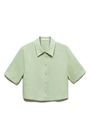 MANGO Short Sleeve Linen Button-Up Shirt Pastel Green at Nordstrom,