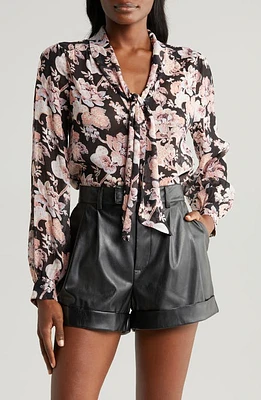 PAIGE Kirstie Floral Tie Neck Silk Shirt Black Multi at Nordstrom,