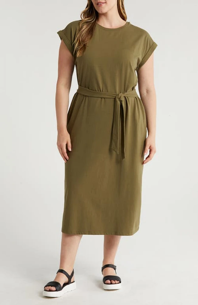 Nordstrom Tie Waist Stretch Cotton Knit Dress Olive Burnt at Nordstrom,