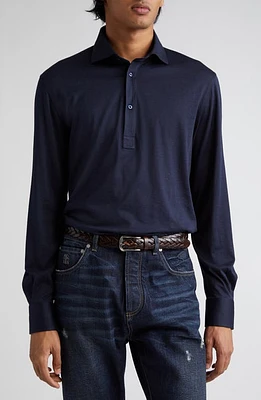 Brunello Cucinelli Long Sleeve Silk & Cotton Polo C6134-Blue at Nordstrom, Us