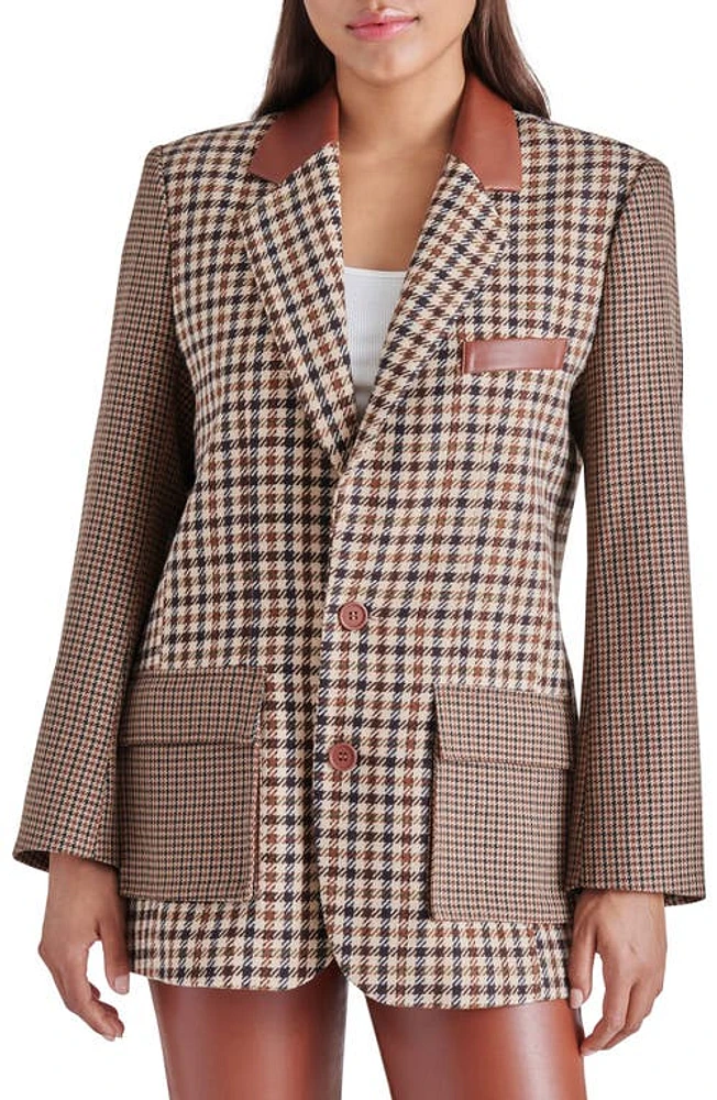 Steve Madden Carolina Houndstooth Check Faux Leather Trim Blazer Brown Plaid at Nordstrom,