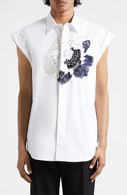 Alexander McQueen Dutch Flower Embroidered Sleeveless Cotton Poplin Button-Up Shirt in Opticalwhite at Nordstrom, Size 17