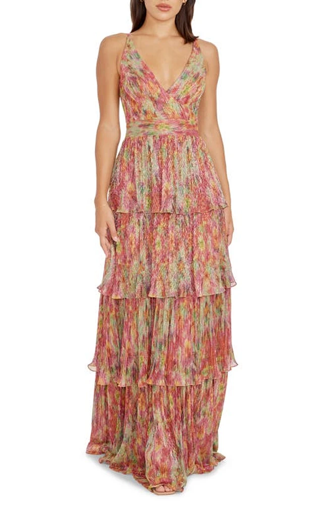 Dress the Population Lorain Abstract Print Metallic Tiered Gown Bright Fuchsia Multi at Nordstrom,